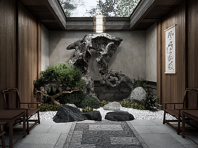 中式日式庭院小品 天井景观 枯山水 太湖石 微景观 合院