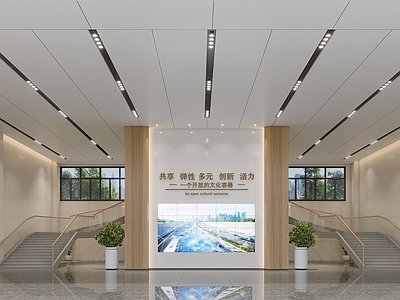 现代极简办公大厅 大厅 双楼梯 接待大厅 绿植墙