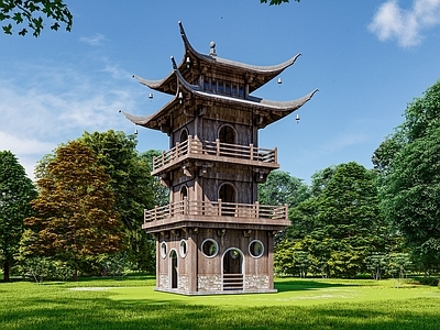 中式古建筑 观景塔 木塔 古建筑 塔楼