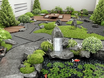 新中式庭院 假山水景 鱼池 灌木 植物景观 石板路