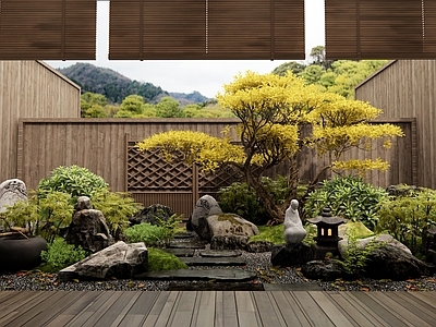 新中式庭院 植物景观 灌木 景观石头 汀步 景观树