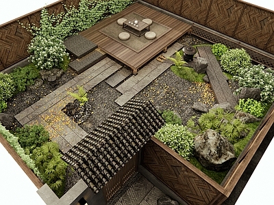 日式新中式庭院 民宿庭院 乡村庭院 石板路 灌木 植物景观