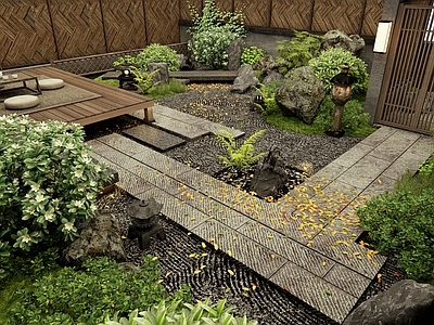 日式禅意庭院小品 青石板路 景观石头 灌木 植物景观 庭院门
