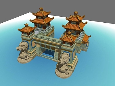 中式复古古建筑 海城水坝 古风建筑 场景建筑