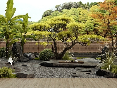 新中式日式庭院 枯山水 植物景观 景观石 灌木 景观树