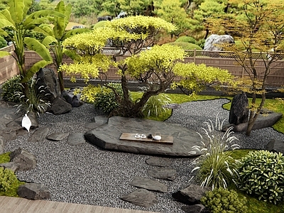 日式禅意庭院小品 枯山水 景观石头 汀步 植物景观 芭蕉树