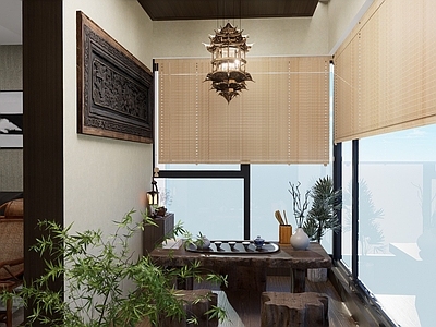 中式家居阳台 景观阳台 茶桌椅 枯山水 跌水摆件