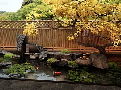 新中式假山水景 水景 庭院水景 水生植物 荷花 景观树