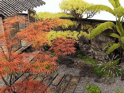 新中式庭院小品 庭院花园 汀步 庭院大门 红枫 植物景观