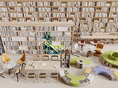 现代图书馆 书柜 图书馆书柜 卡座 阅读桌椅 书籍