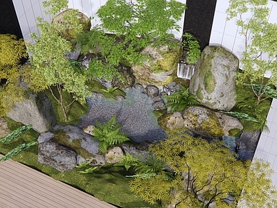 新中式日式庭院小品 苔藓石头水景 庭院石头水景 青苔石头造景 庭院青苔石头水景 下沉庭院景观