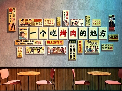 现代中餐厅 烤肉店装饰画 餐厅装饰画 餐厅桌椅 烤肉店打卡墙