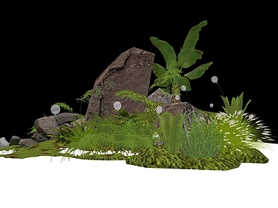 现代新中式庭院小品 蕨类植物组合景观 苔藓微地形景观 芭蕉树 景观石头 别墅景观组合
