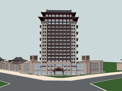 新中式酒店建筑 新中式沿街 新中式酒店