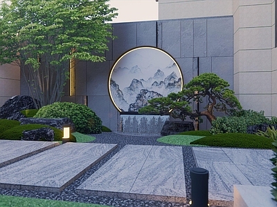 新中式别墅庭院 山水画别墅 枯山水别墅