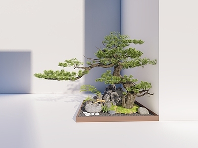 现代新中式庭院小品 中式小景 迎客松 竹筒流水 假山流水