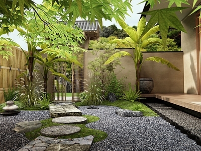 日式新中式庭院 青石板路 汀步 枯山水 庭院大门 植物造景