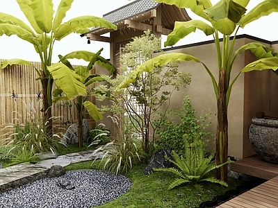 新中式日式庭院 水缸 庭院门 植物造景 石板路 汀步