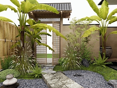 日式新中式庭院 庭院门 芭蕉 植物景观 汀步园路 水缸