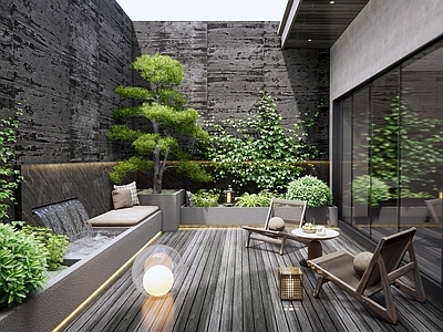 现代庭院 露台 阳台 下沉庭院 流水小品 户外桌椅