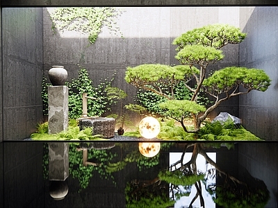 新中式现代室内景观 天井 水景 植物造景 流水小品 植物堆