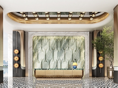 现代酒店大堂 现代酒店大堂 前台背景墙 柱子造型 酒店休息区