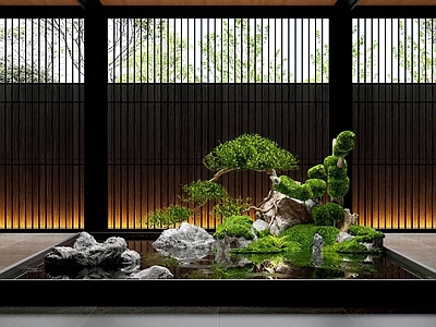 新中式室内景观 新中式景观造景 水景 苔藓 景观石