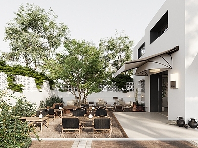 现代咖啡厅 奶茶店 户外咖啡馆 休闲桌椅 树木绿植