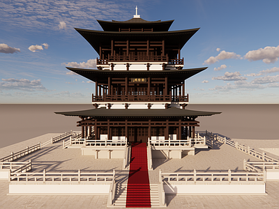中式新中式古建筑 中式古建 木结构 白膜 中式传统建筑 阁楼