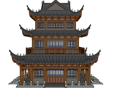 中式古建筑 中式古建 阁楼 白膜 木结构 古建筑