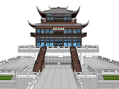 中式古建筑 中式古建 阁楼 白膜 古建筑