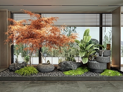 新中式室内景观 庭院小品 水钵 流水摆件 红枫 植物造景