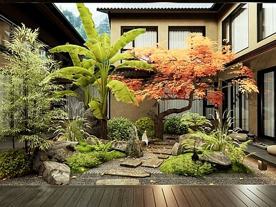 新中式庭院 中庭景观造景 汀步 植物景观 景观石头 灌木