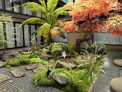 日式禅意庭院 红枫 植物造景 枯山水 汀步 微地形