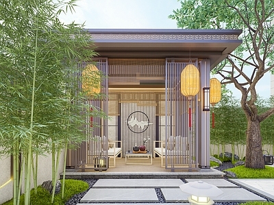 现代新中式别墅庭院 新中式廊架庭院