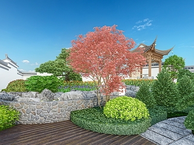 中式新中式别墅庭院 假山亭子中式花园