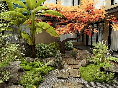 新中式日式室内景观 庭院花园 石板汀步 景观石头 植物景观 红枫