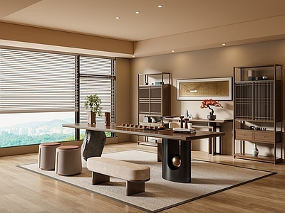 新中式茶室 茶桌椅 矮凳 茶柜 茶具 饰品摆件