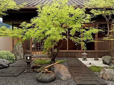 新中式日式庭院 民宿庭院 乡村庭院 枯山水 石板路 景观石头