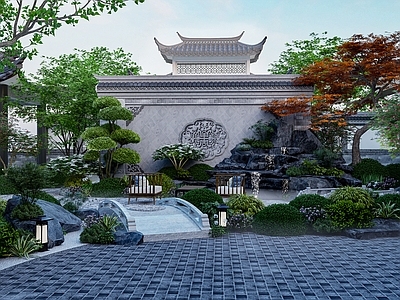 中式别墅庭院 古典中式四合院 中式庭院 假山跌水