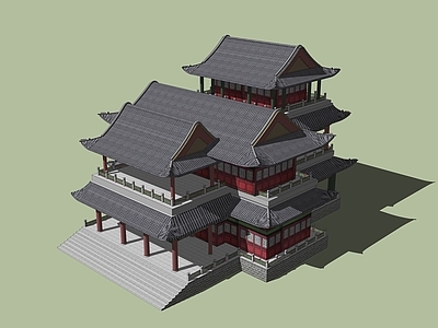 中式古建筑 古建塔楼 会所 大殿