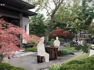 新中式日式别墅庭院 茶室庭院景观 中式庭院造景 枯山水 别墅庭院 中式游园