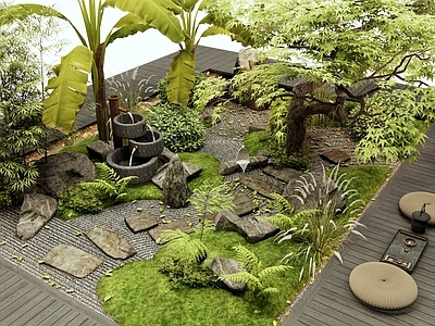 日式新中式庭院 枯山水 石板汀步 流水水钵 植物景观 微地形