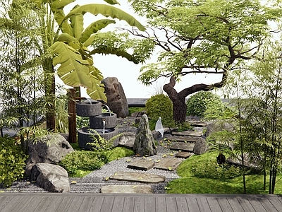 日式新中式微地形 庭院微景观 石板汀步 景观石头 水钵水景 植物造景