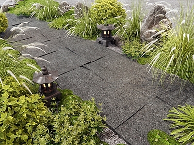 新中式日式园路 石板 汀步 花草 植物组合 庭院景观小品