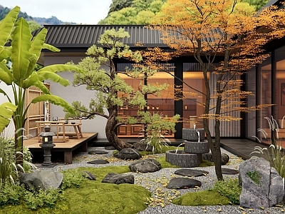 日式新中式乡村庭院 禅意庭院花园 枯山水 汀步 水钵水景 植物景观