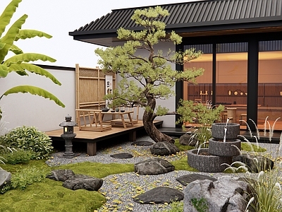 日式禅意庭院 休闲庭院 流水小品 水景 景观石头 微地形