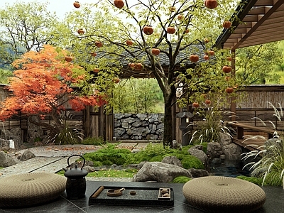 新中式禅意庭院 柿子树 红枫 水景庭院 微地形 植物造景