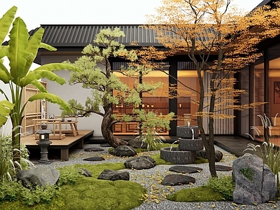 日式禅意庭院 植物造景 芭蕉 松树 磨石流水摆件 户外茶桌椅