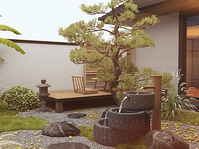 新中式日式庭院 流水水钵 枯山水 植物造景 微地形 汀步